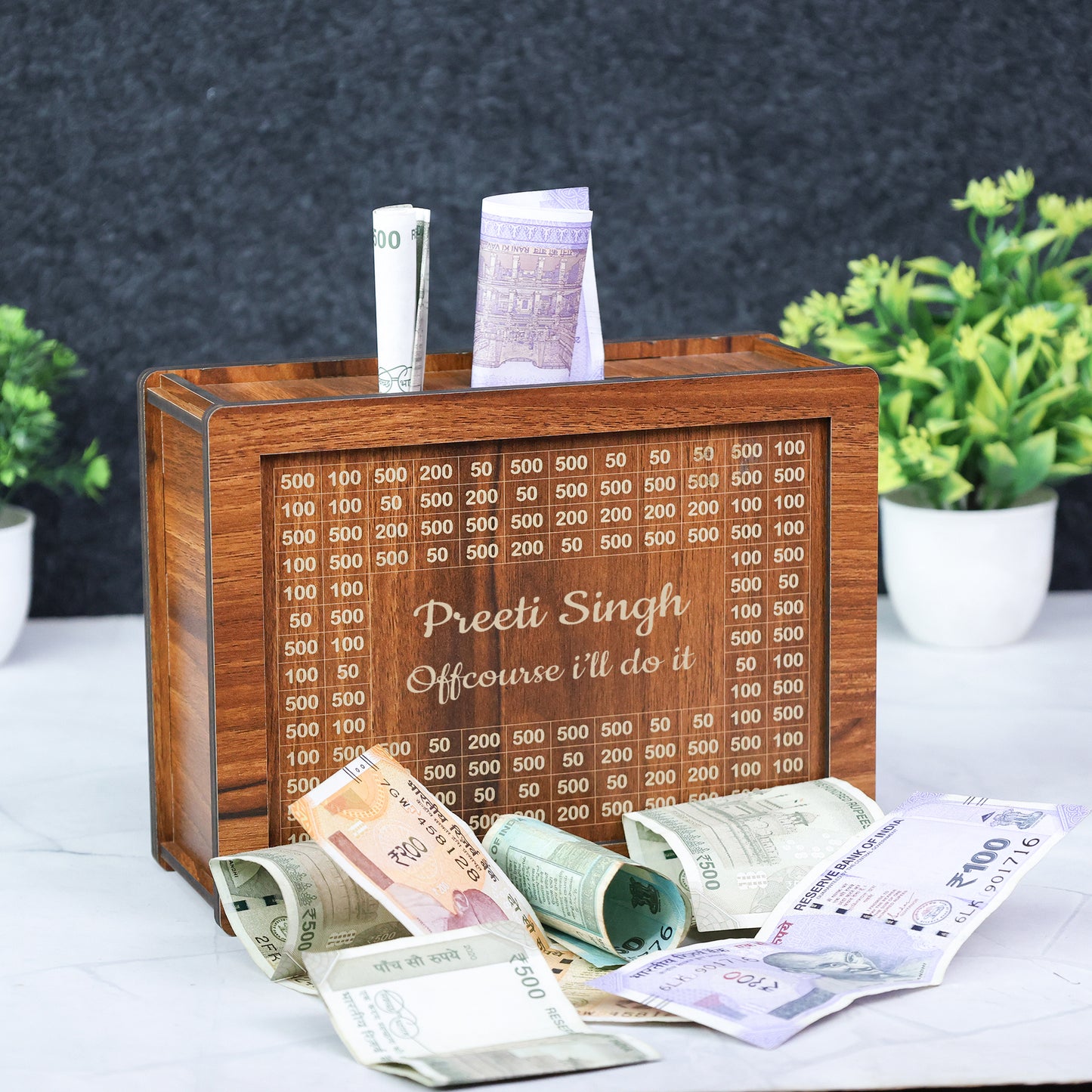 โน1,00,000 Wooden Savings Box - Motivational Money Saving Tracker