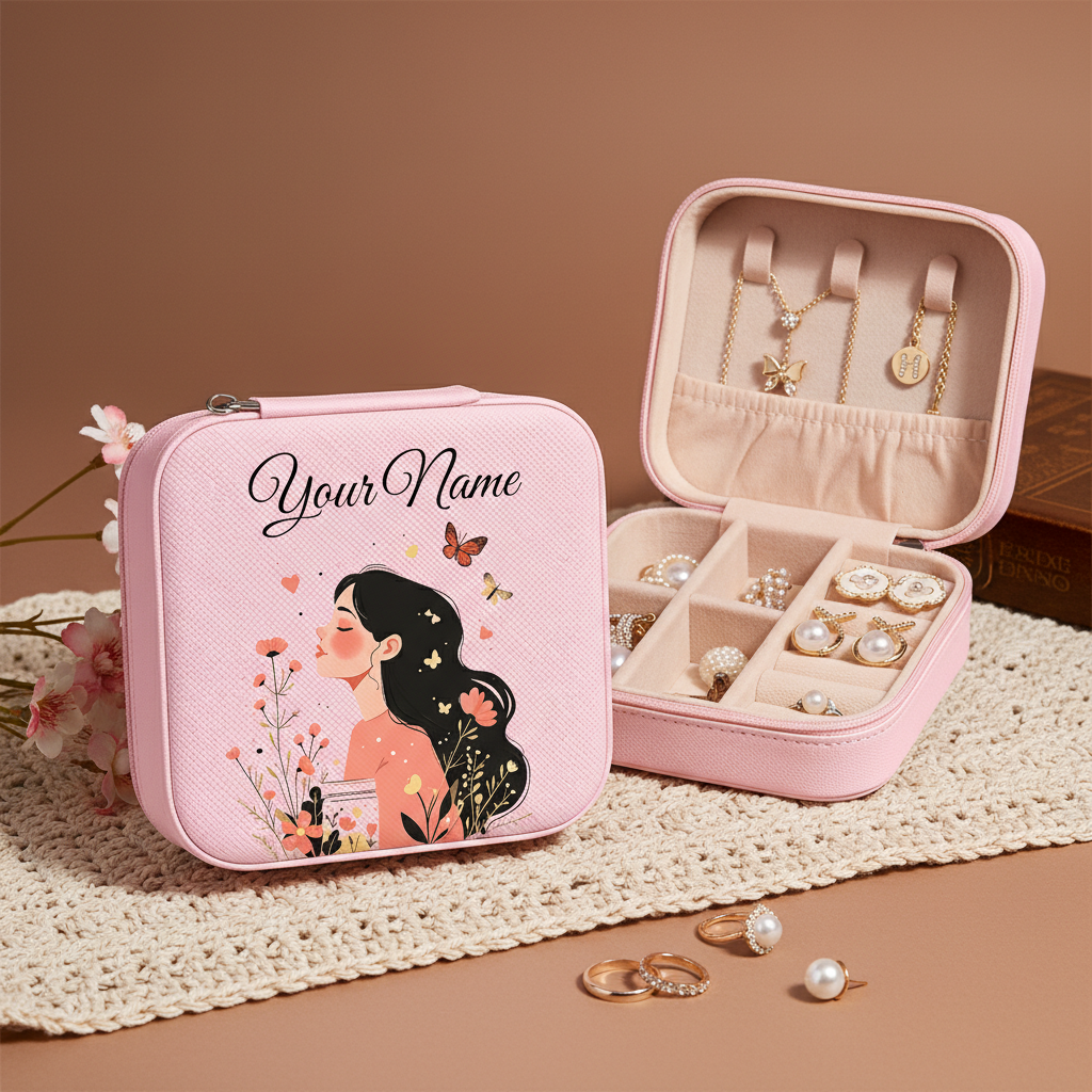 Sweet Blossom Heart & Butterfly | Pink – Personalized Jewellery Box with Name (Medium)