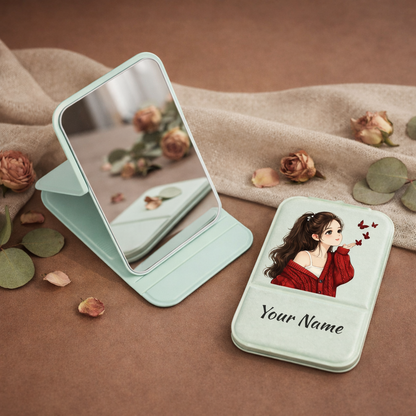 Butterfly Girl Compact Pocket Mirror with Name - Mint
