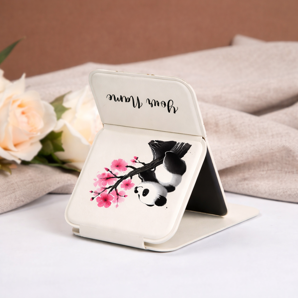 Blossom Panda Personalized Compact Pocket Mirror - White