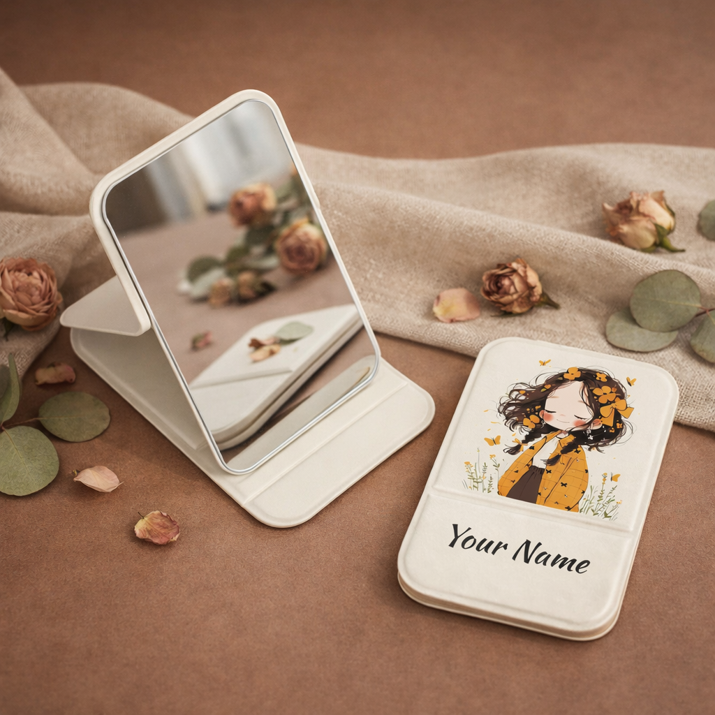 Golden Whisper Girl Compact Pocket Mirror with Name - White