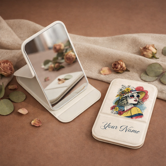 Boho Bloom Diva Personalized Compact Pocket Mirror - White