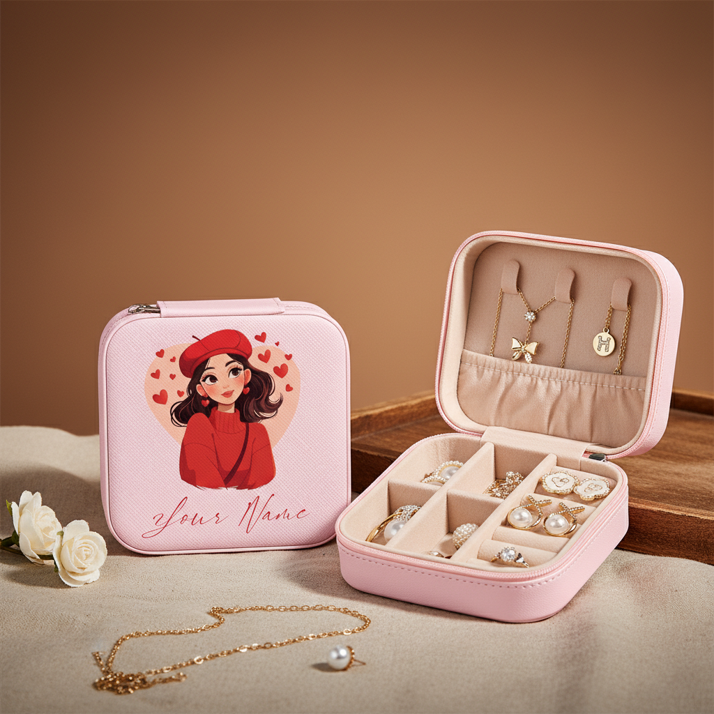 Personalized Pink Jewellery Box with Name – Sweet Heart Love Girl Art | Cute Travel Jewelry Organizer for Women & Girls