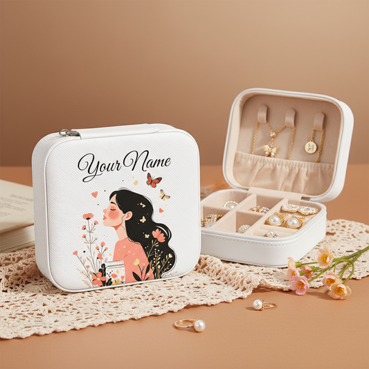 Personalized White Jewellery Box with Name – Sweet Blossom Heart & Butterfly Design | Travel Jewelry Organizer for Women & Girls