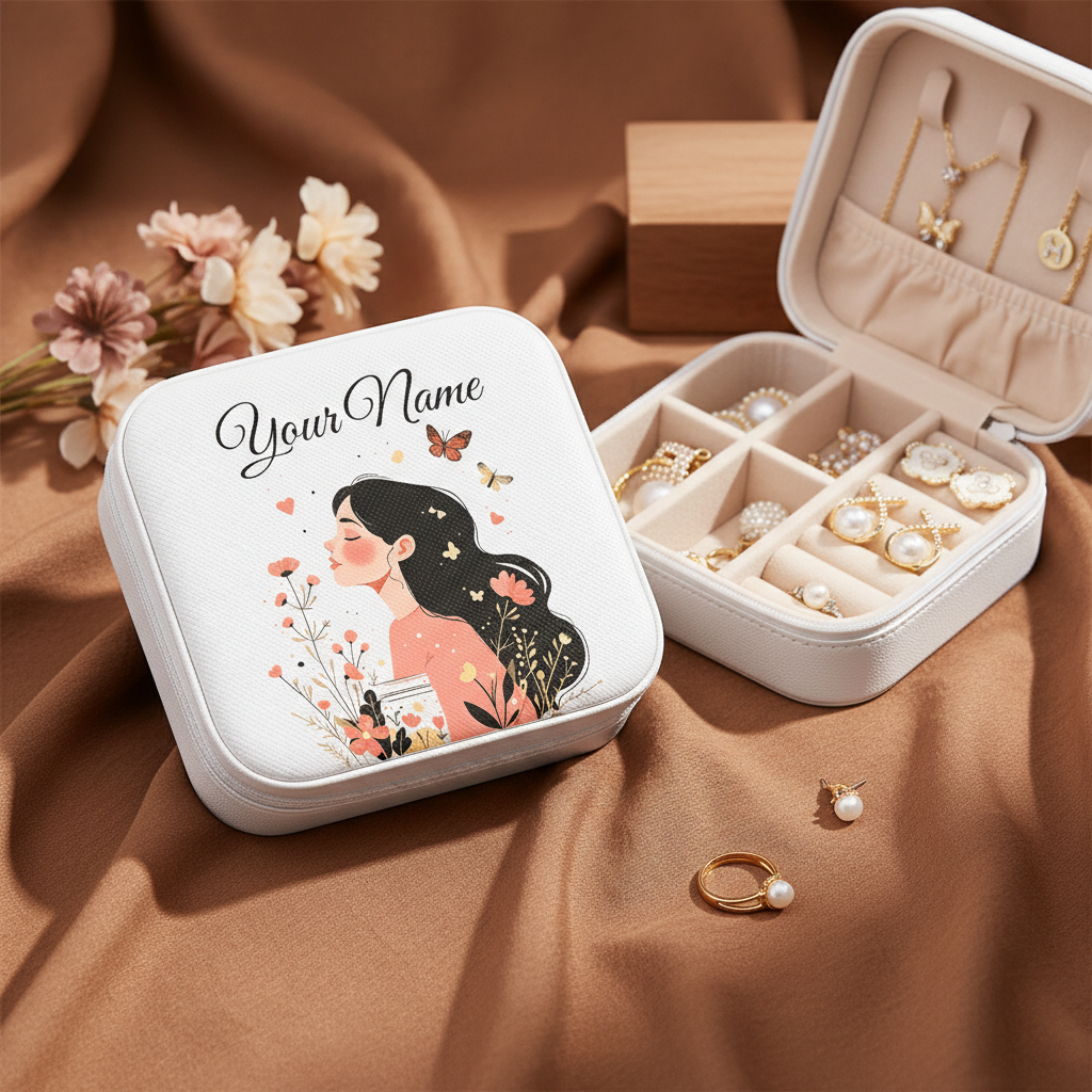Personalized White Jewellery Box with Name – Sweet Blossom Heart & Butterfly Design | Travel Jewelry Organizer for Women & Girls