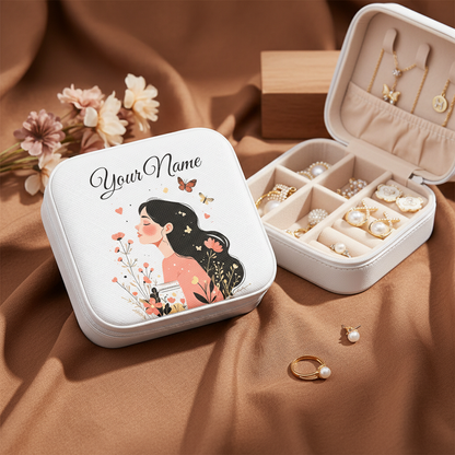 Personalized White Jewellery Box with Name – Sweet Blossom Heart & Butterfly Design | Travel Jewelry Organizer for Women & Girls