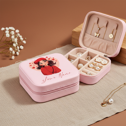 Personalized Pink Jewellery Box with Name – Sweet Heart Love Girl Art | Cute Travel Jewelry Organizer for Women & Girls