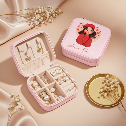 Personalized Pink Jewellery Box with Name – Sweet Heart Love Girl Art | Cute Travel Jewelry Organizer for Women & Girls